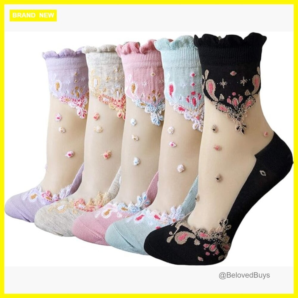 5 Pairs Sheer Mesh Ankle Socks, Floral Lace Ruffle Fishnet Summer Stockings